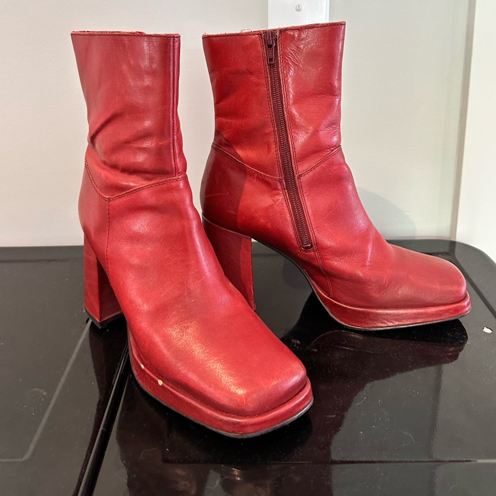 Red platform leather boots